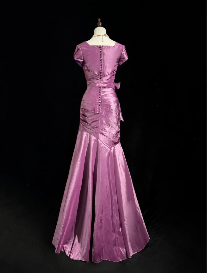 Elegant Purple V Neck Satin Pleated Mermaid Long Evening Dress Birthday Prom Dresses D2067