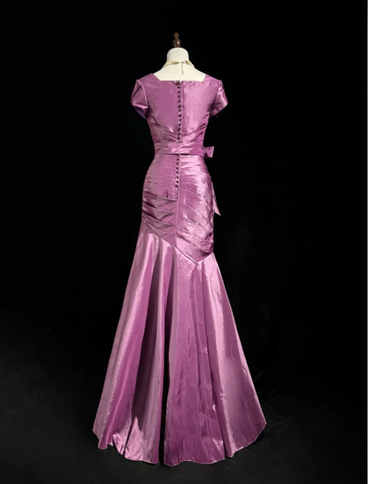 Elegant Purple V Neck Satin Pleated Mermaid Long Evening Dress Birthday Prom Dresses D2067