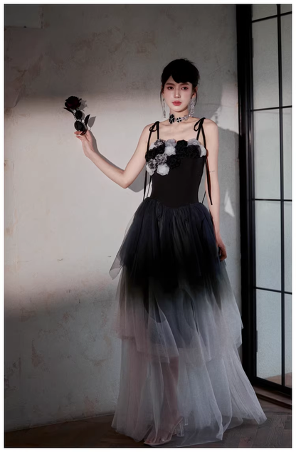 Elegant Spaghetti Straps Ombre Black Tulle Layered A Line Long Party Dress Evening Dress D2416