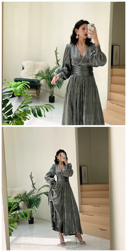Unique Gold V Neck Satin Pleated Slit A Line Long Evening Dress Formal Wedding Guest Dress D2433