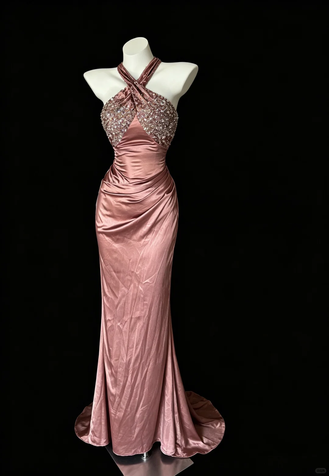 Pretty Dusty Rose Satin Beaded Mermaid Party Dress Halter Long Evening Dress D5214