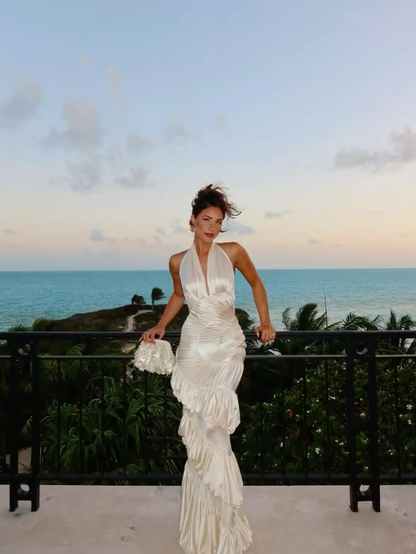Elegant Halter Ivory Satin Pleated Ruffled Mermaid Long Evening Dress Prom Gown D4816