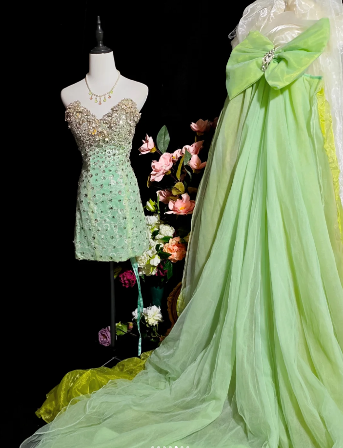 Unique Green Strapless Satin Tulle Beaded Long Birthday Party Dress Prom Gown D2372
