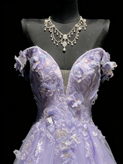 Elegant Off The Shoulder Lilac Tulle Appliques Long Evening Dress Party Gown D4892