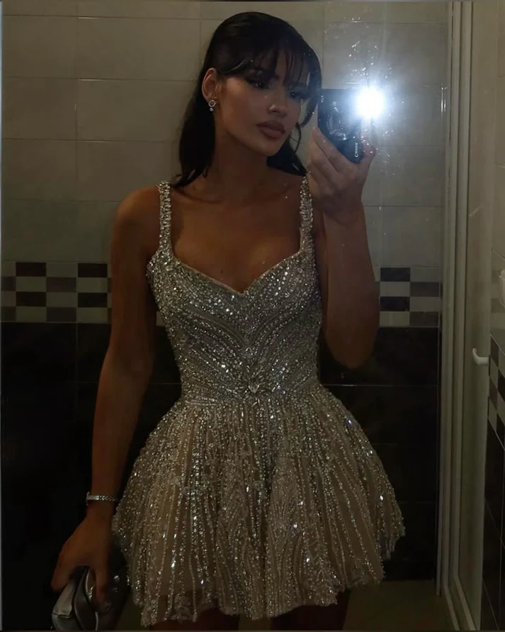 Gorgeous Tulle Beaded A Line Cocktail Dress Champagne Short Homecoming Dress S351