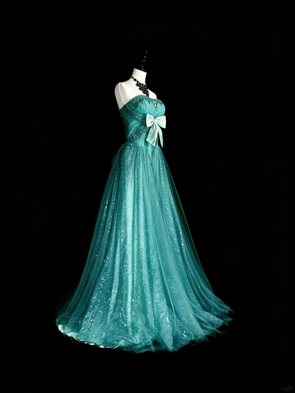 Vintage Sweetheart Neck Green Tulle Sequin Beaded Long Party Dress Evening Dress D5372