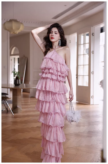 Pretty Pink Halter Chiffon Ruffle Layered Slit Long Birthday Prom Dress Evening Gown D2456