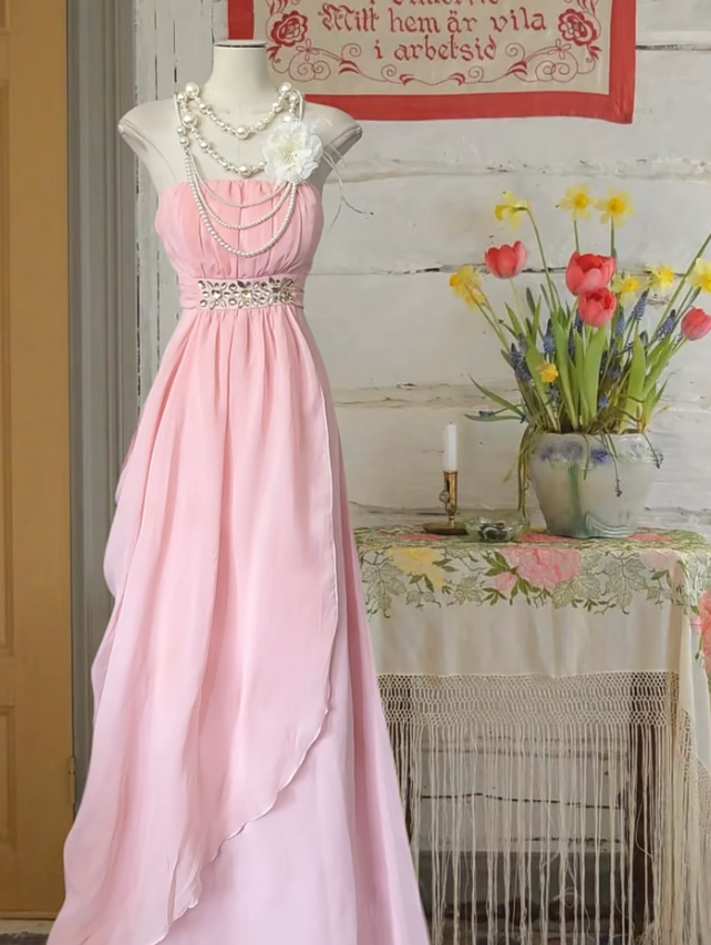 Charming Strapless Pink Chiffon Beaded Long Prom Dress Formal Birthday Party Dress D646
