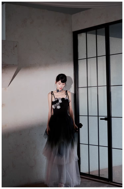 Elegant Spaghetti Straps Ombre Black Tulle Layered A Line Long Party Dress Evening Dress D2416