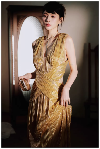 Gorgeous V Neck Gold Satin Pleated Long Evening Dress 19th Birthday Outfits D2438