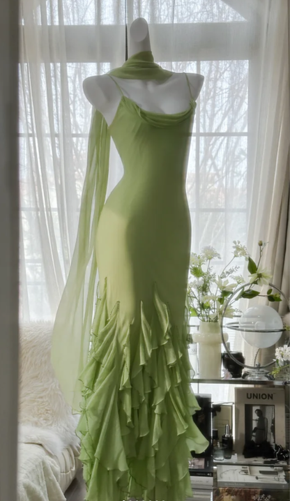 Beautiful Green Spaghetti Straps Chiffon Ruffles Mermaid Long Party Dress Birthday Prom Dresses D1791