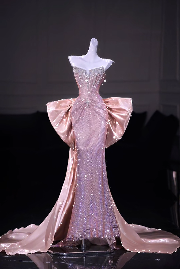 Glamorous Pink Sequin Beaded Mermaid Long Evening Dress Party Dress With Bow D5209