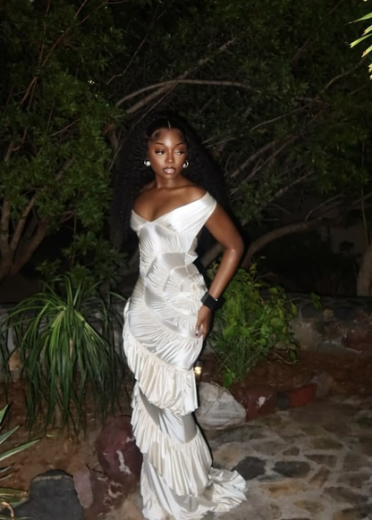 Elegant Halter Ivory Satin Pleated Ruffled Mermaid Long Evening Dress Prom Gown D4816