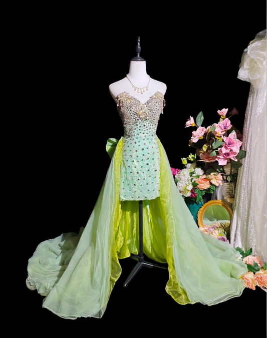 Unique Green Strapless Satin Tulle Beaded Long Birthday Party Dress Prom Gown D2372