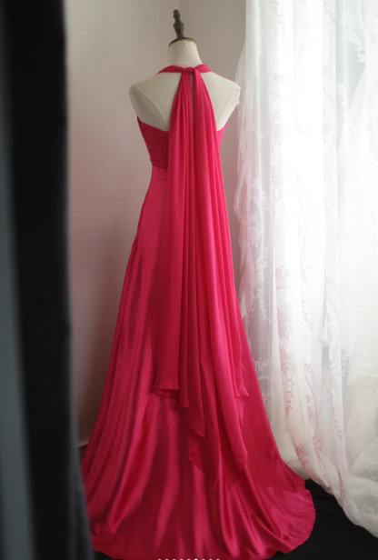 Glamorous Halter Hot Pink Satin Chiffon Mermaid Long Party Dress Formal Birthday Prom Gowns With Cape D2329