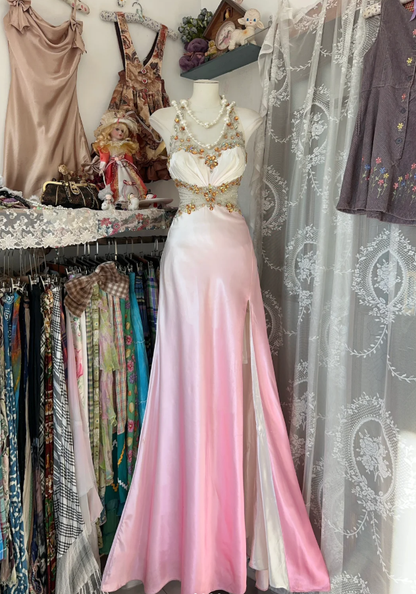 Pretty Ombre Pink Halter Satin Beaded Mermaid Long Birthday Party Dress Evening Gown D1675