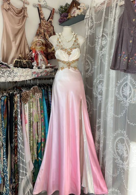 Pretty Ombre Pink Halter Satin Beaded Mermaid Long Birthday Party Dress Evening Gown D1675