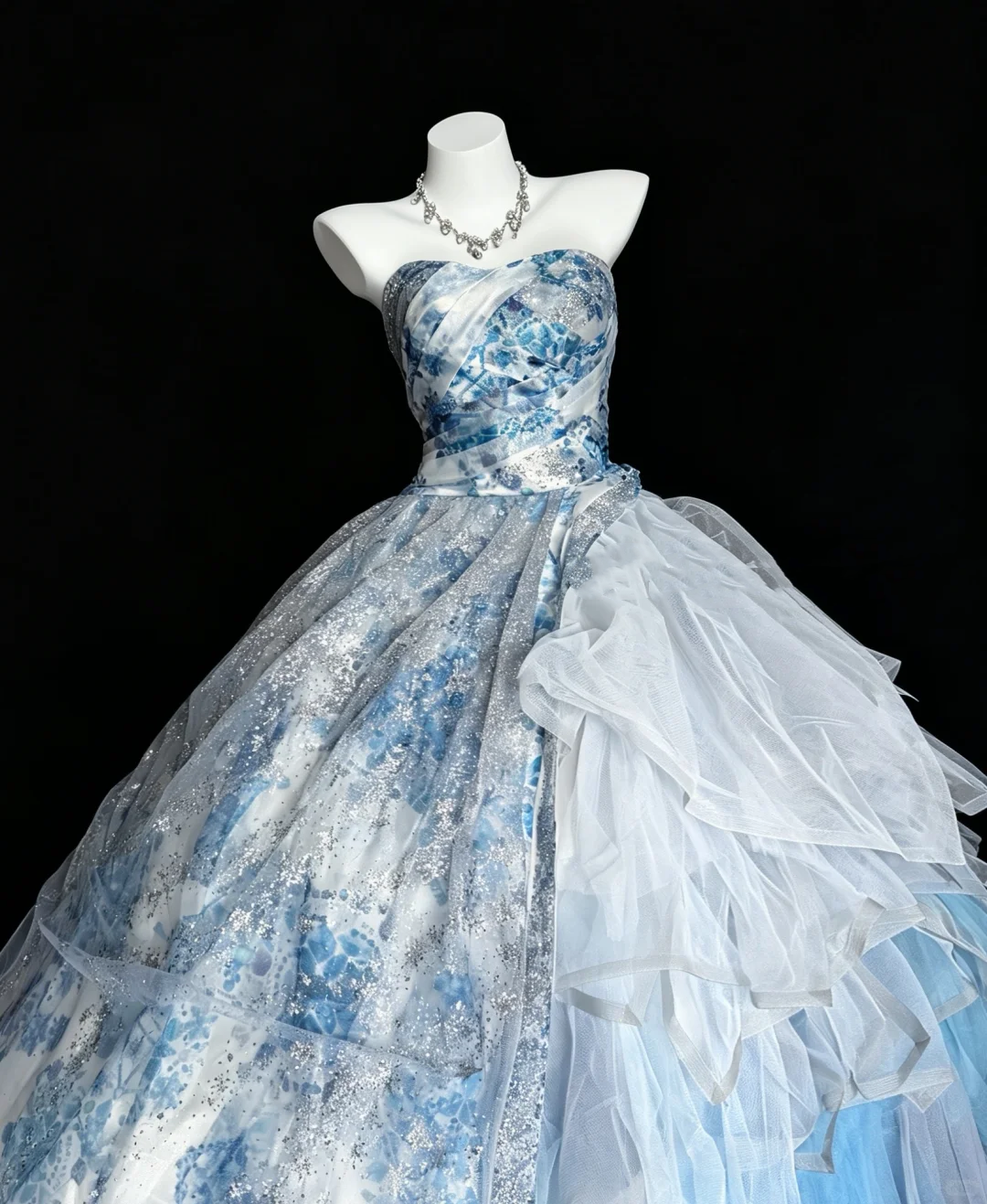 Charming Strapless Blue Satin Floral Tulle Sequin Quinceanera Dress Sweet 15 16 Dress D5271