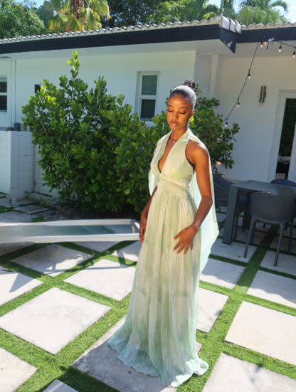 Classy Halter V Neck Chiffon A Line Long Evening Dress Light Green Party Gown D4972
