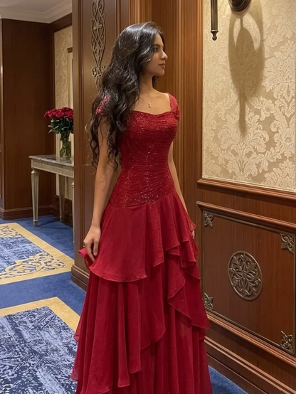 Charming Red Sequin Chiffon Layered A Line Long Party Dress Prom Dresses D4817