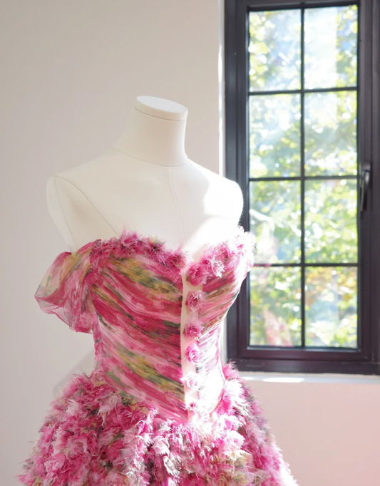 Pretty Hot Pink Off The Shoulder Tulle Pleated Flowers Long Birthday Party Dress Evening Gown D2150