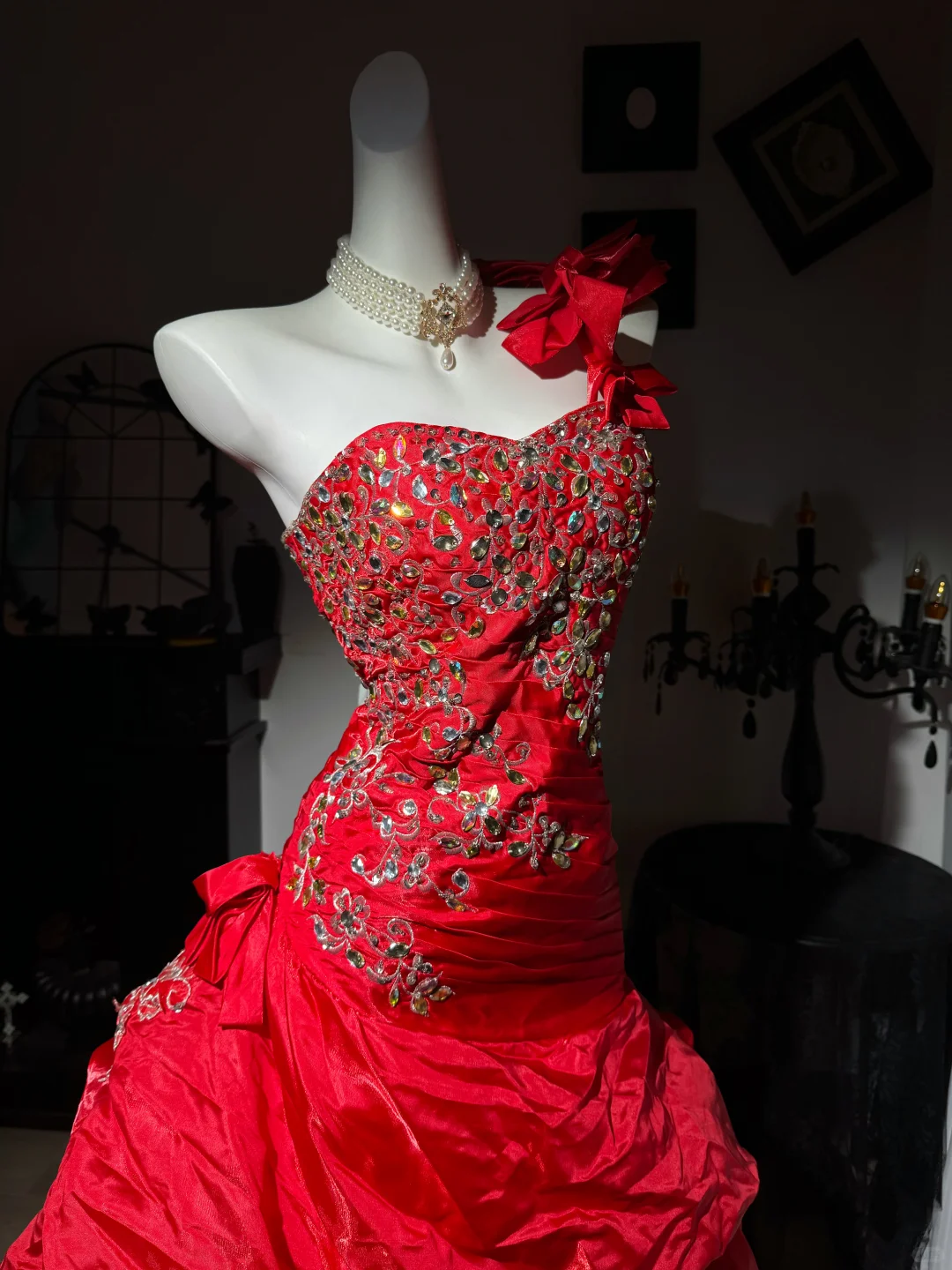 Stylish Red Satin Ruched Beaded Mermaid Party Dress,One Shoulder Long Evening Gown D3733