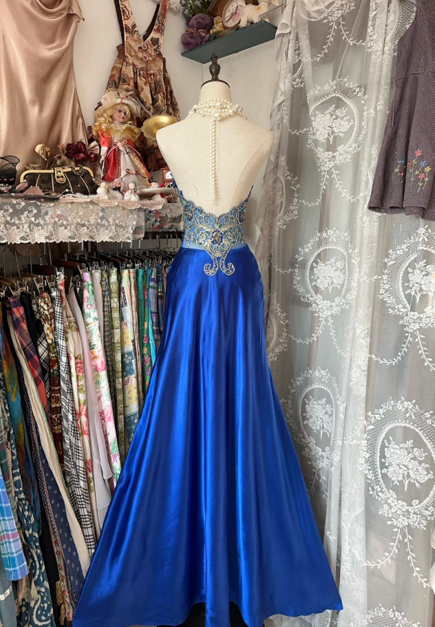 Gorgeous Royal Blue Halter Satin Beaded Mermaid Evening Dress Long Birthday Party Gown D1666