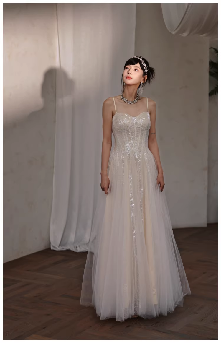 Classy Light Apricot Spaghetti Straps Tulle Sequin A Line Long Party Dress Evening Dress D2409