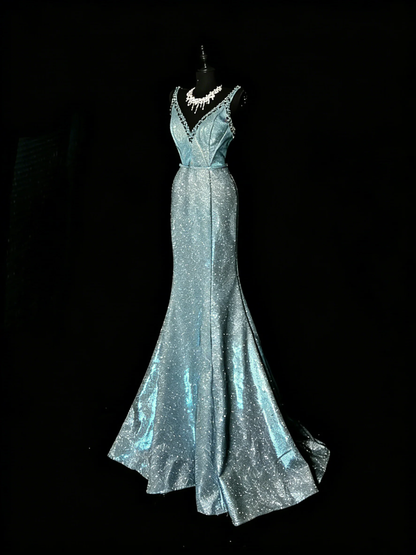 Glitter V Neckline Sequin Beaded Mermaid Party Dress Blue Long Evening Gown D4888
