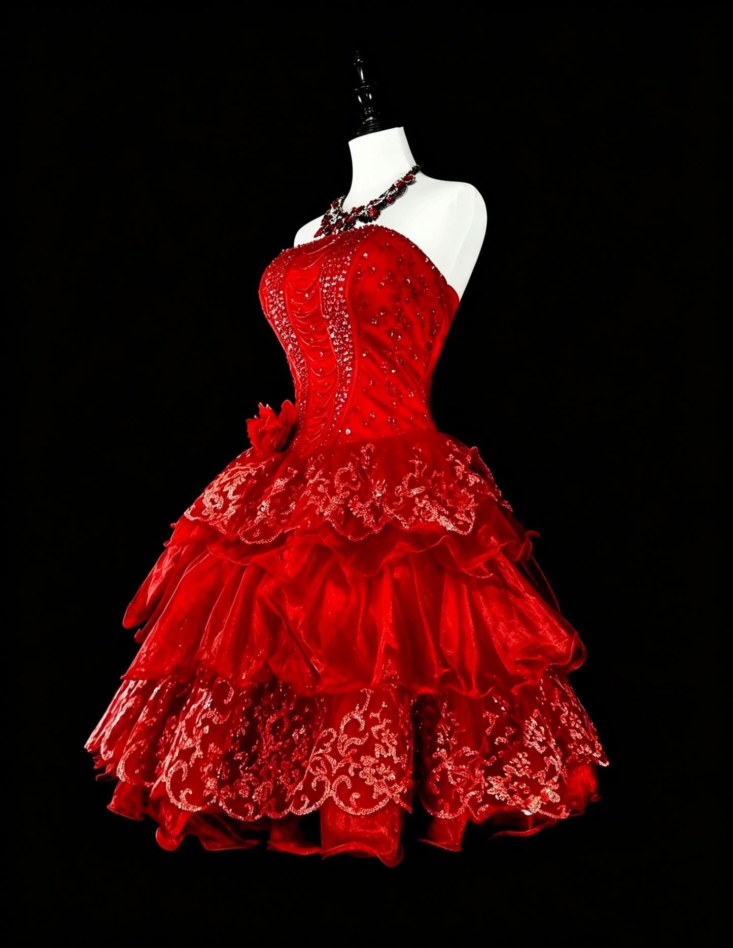 Gorgeous Strapless Tulle Lace Beaded Short 20th Birthday Outfits,Red Short Graduation Homecoming Dress D4047