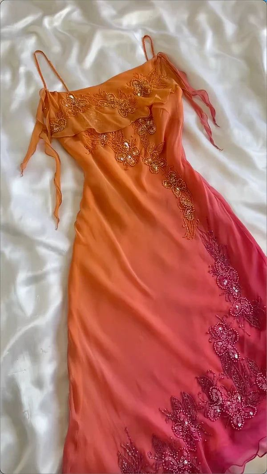 Charming Spaghetti Straps Ombre Orange Chiffon Beaded Formal 7th Grade Homecoming Dress Sexy Cocktail Dress D072