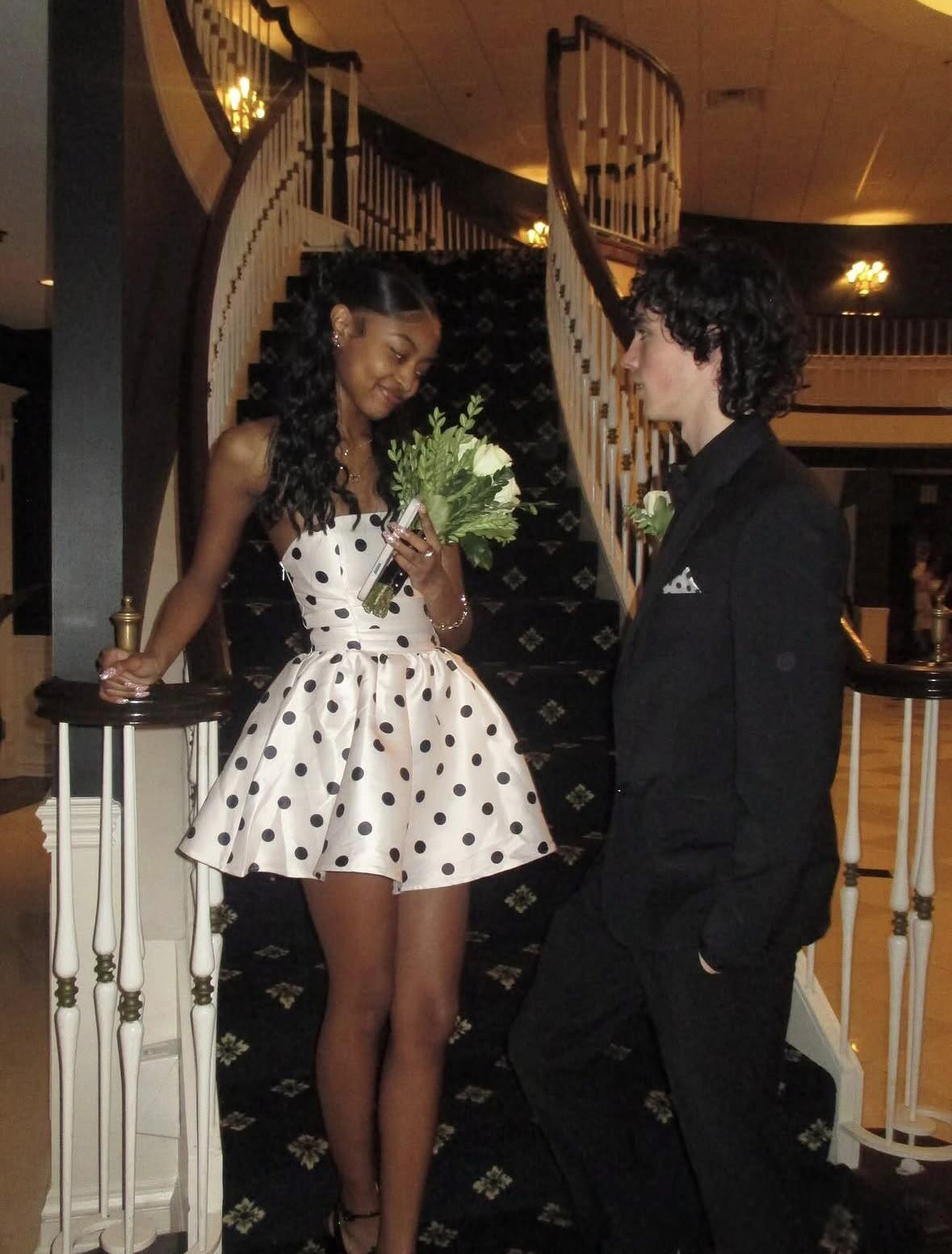 Cute Strapless Satin Polka Dot A Line Short Homecoming Dress,White Short Prom Dress D3759
