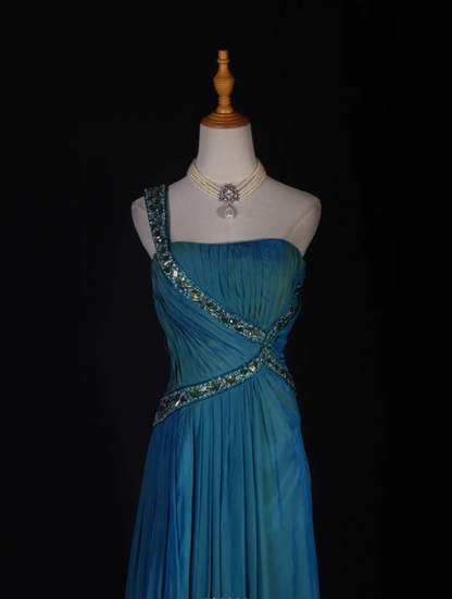 Unique Blue One Shoulder Satin Pleated Beaded Mermaid Prom Dress Long Birthday Evening Gowns D2289