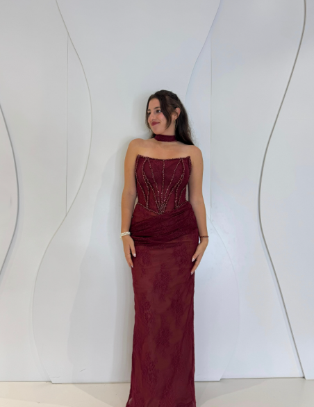 Vintage Burgundy Strapless Lace Beaded Long Wedding Guest Dress Formal Evening Dress Party Gown D1972