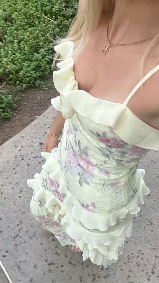 Sweet Pastel Yellow Lace Floral Chiffon Ruffle Mermaid Evening Dress Long Prom Dress D3489