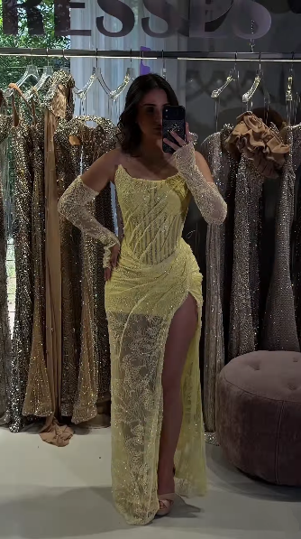 Gorgeous Yellow Lace Pleated Mermaid Long Party Dress Strapless Slit Long Birthday Evening Gowns D5244