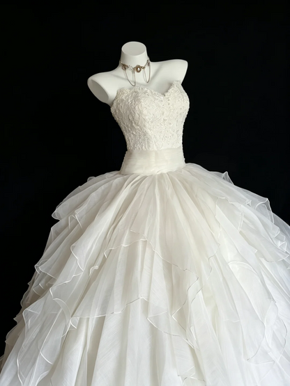 Glamorous Strapless White Tulle Tiered Long Wedding Dress D5240
