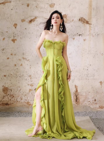 Pretty Green Strapless Chiffon Ruffled Long Evening Dress Birthday Dress D2402