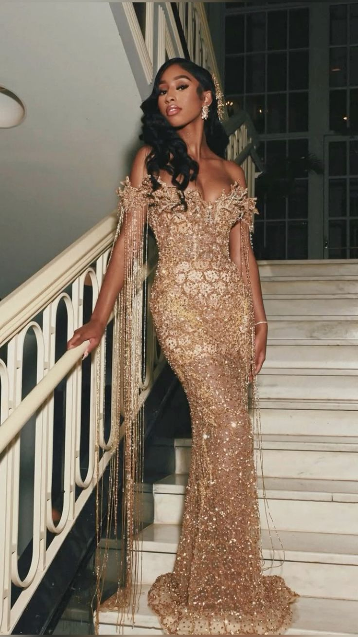 Luxurious Champagne Gold Off The Shoulder Sequin Beaded Mermaid Evening Dress Long Party Dress D1841
