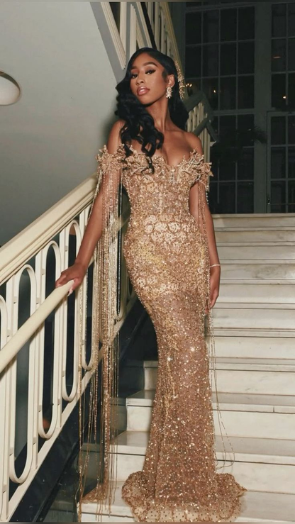 Luxurious Champagne Gold Off The Shoulder Sequin Beaded Mermaid Evening Dress Long Party Dress D1841
