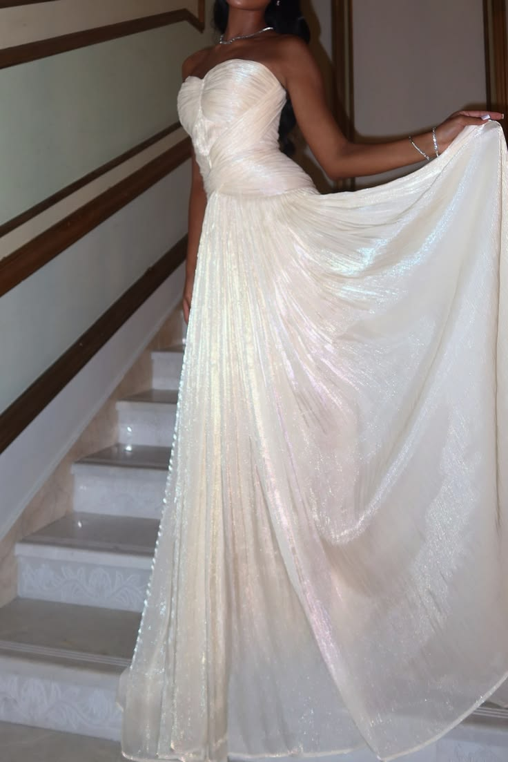 Shiny Ivory Sweetheart Neck Tulle Pleated A Line Long Party Dress Prom Gown D4789