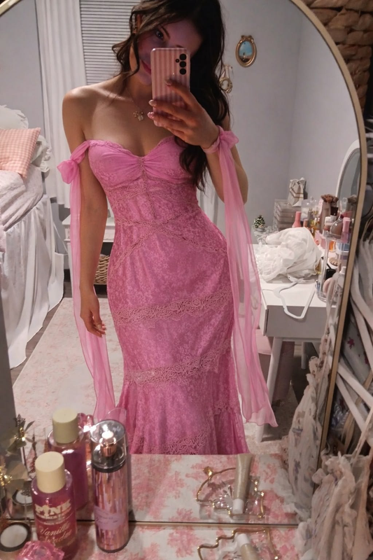 Pretty Pink Lace Mermaid Long Party Dress,Off The Shoulder Long Wedding Guest Dress D3505
