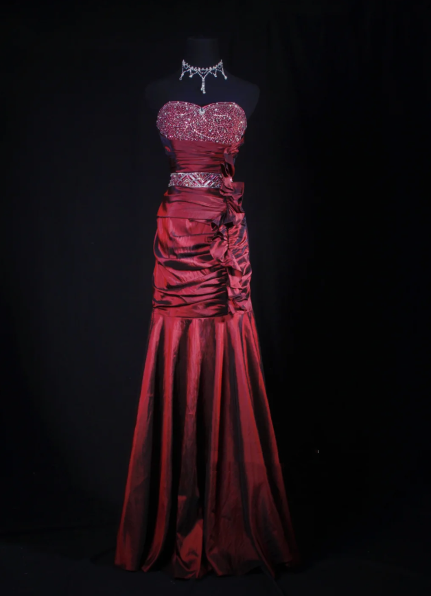 Elegant Strapless Satin Beaded Party Dress Burgundy Mermaid Long Prom Gown D2233