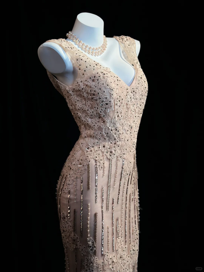 Classy V Neck Apricot Pink Sequin Beaded Mermaid Long Party Dress Evening Dress With Appliques D2516