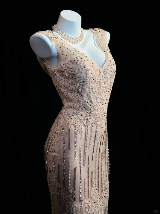Classy V Neck Apricot Pink Sequin Beaded Mermaid Long Party Dress Evening Dress With Appliques D2516