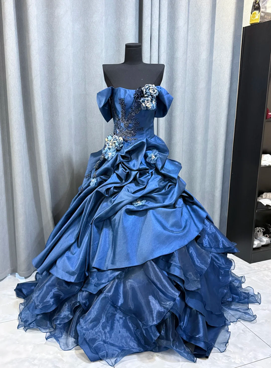 Vintage Off The Shoulder Satin Pleated Beaded Ball Gown Blue Long Party Dress Prom Gown D2472