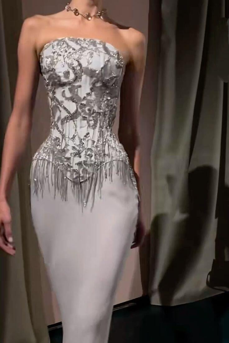 Elegant Strapless Silver Grey Chiffon Beaded Tassel Mermaid Prom Dress Long Evening Dress D5177