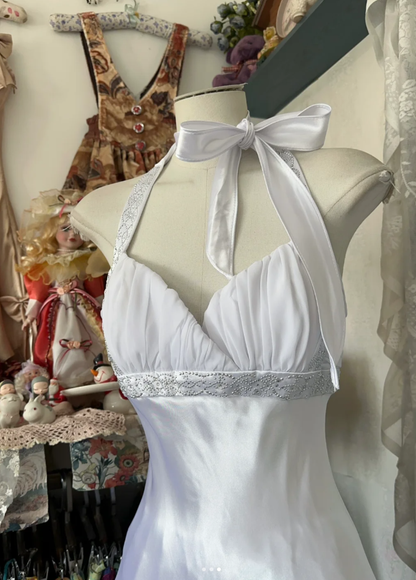 Elegant White Halter satin Beaded Long Wedding Guest Dress Backless Mermaid Evening Dress D1669