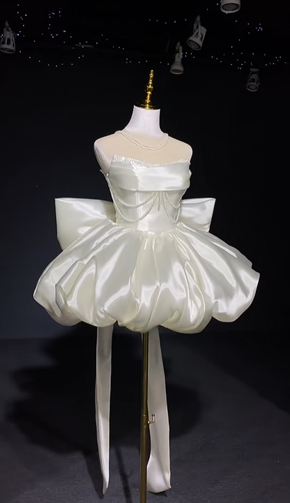 Charming White Strapless Satin Beaded A Line Short Birthday Dress Homecoming Dress With Bow D3146