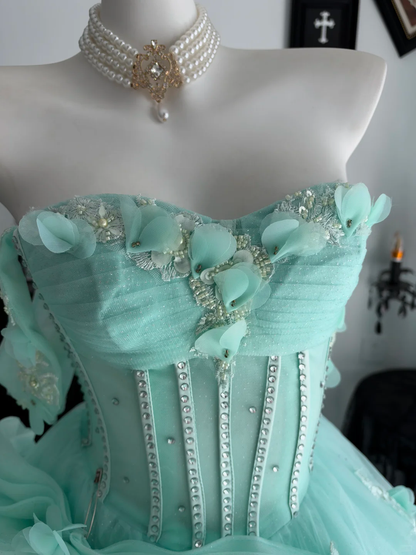 Pretty Green Quinceanera Dress Off The Shoulder Tulle Appliqued Beaded Ball Gown Sweet 15 Dress With Bow D4707